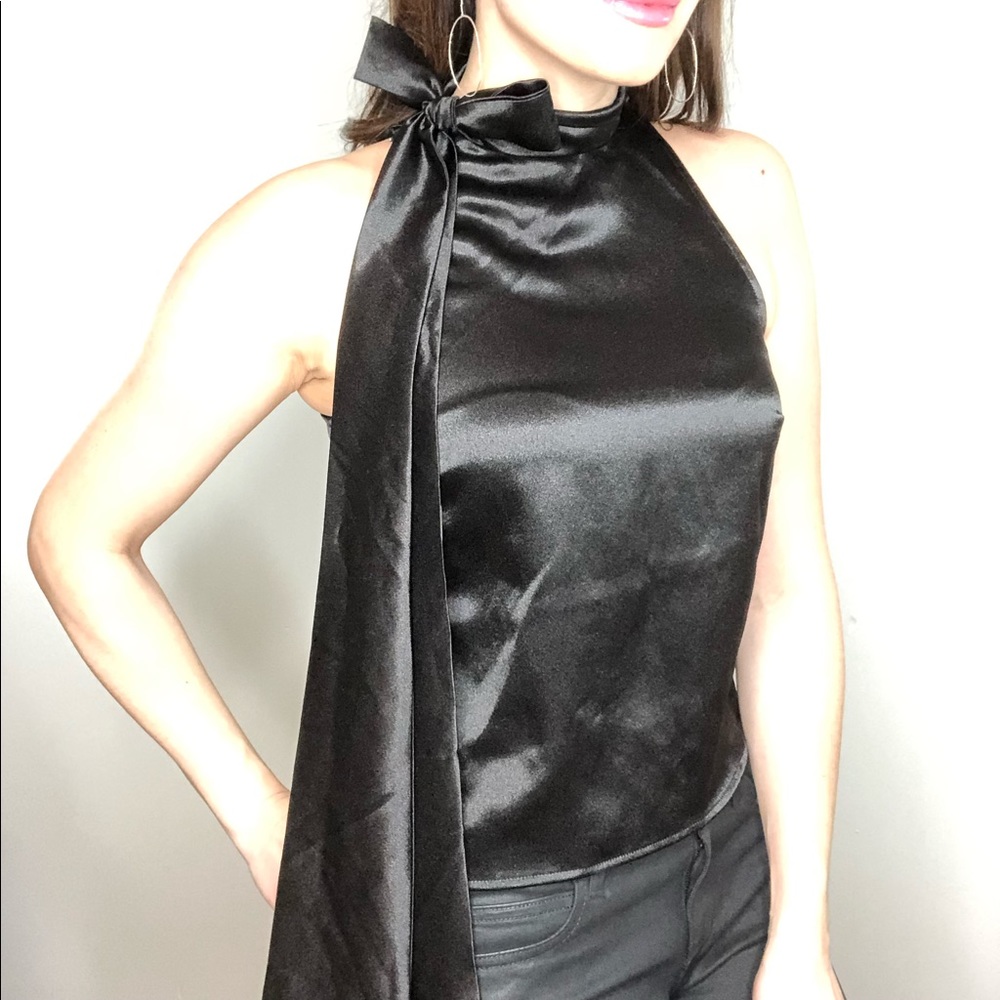 Tie neck satin sleeveless blouse